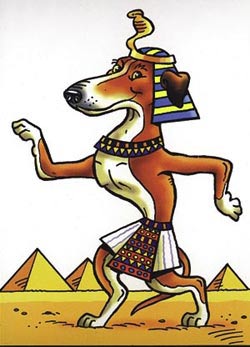 A dog wearing a costume and standing in front of pyramids.