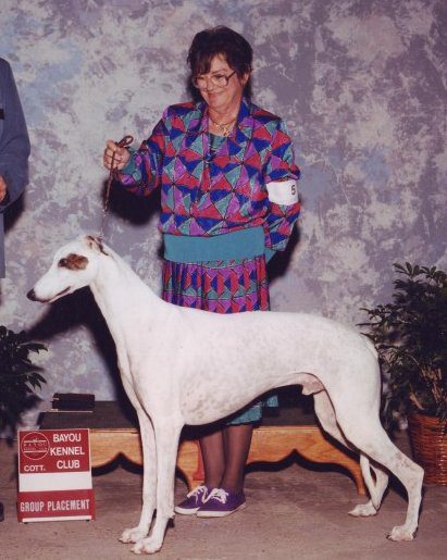 marti A woman standing next to a white dog.